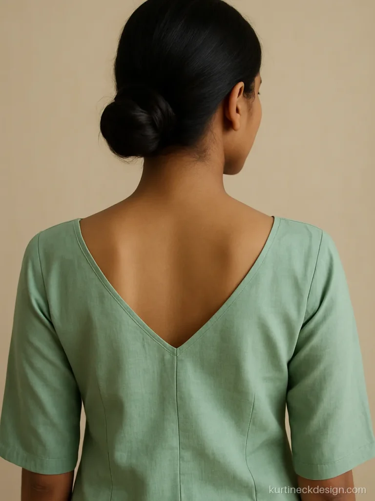 Back front kurti neck design with a wide boat front and a narrow V back in mint