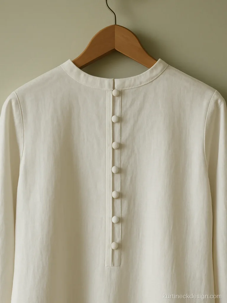 Back neck suit design in white cotton with a button placket down the centre back