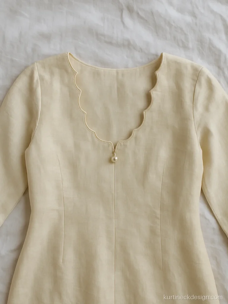 Fancy suit back neck design with a scallop edged deep round back in ivory silk