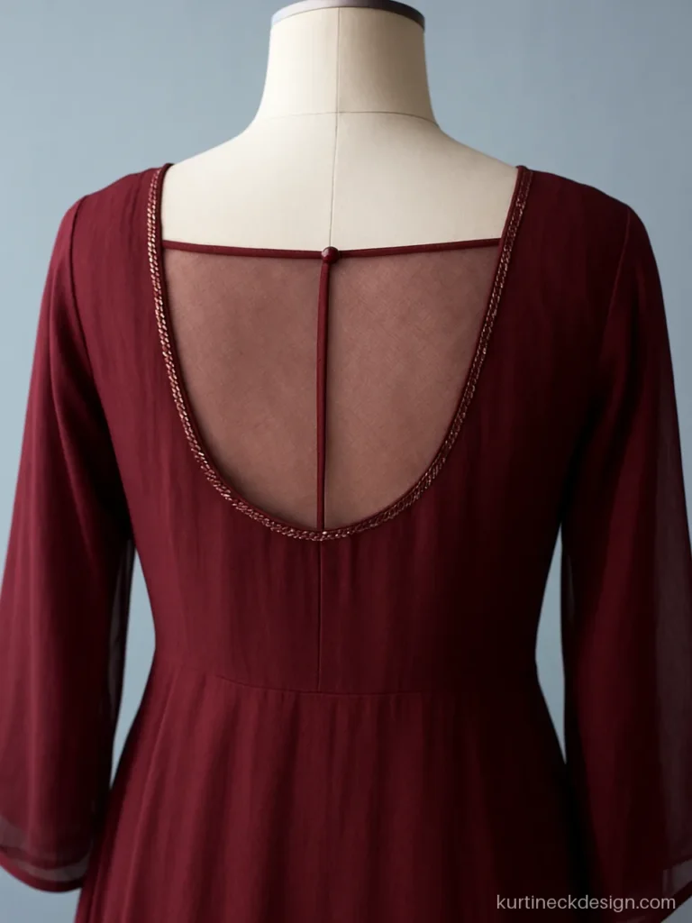 Trendy fancy suit back neck design with a deep U back and net panel in wine