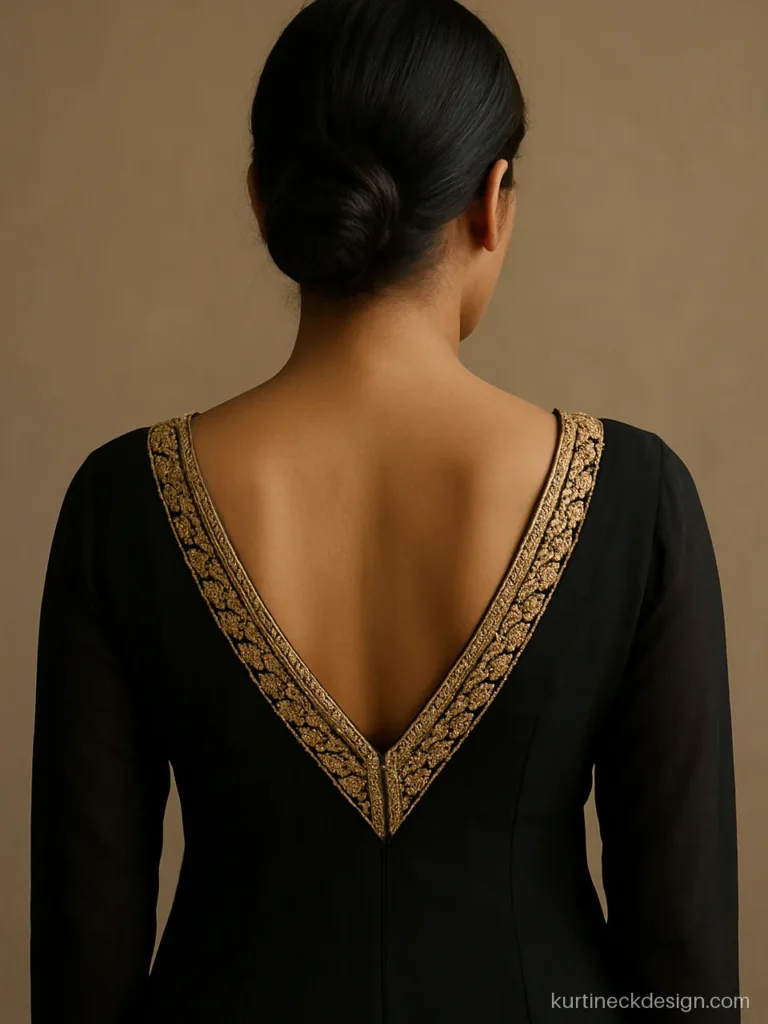 Stylish back neck design with a deep V and zardosi border on black georgette