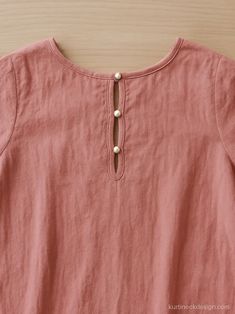 Neck back design with two keyholes and pearl buttons on a rose pink kurti