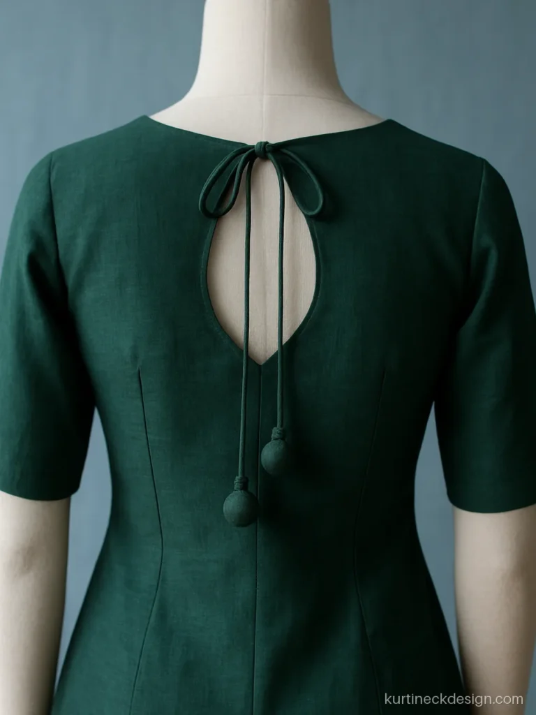 Suit back neck design with a leaf shaped cutout and potli latkans in bottle green