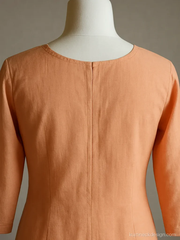 Simple back neck design for suit in peach cotton with a clean round self faced gala