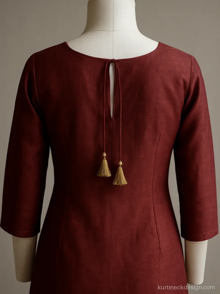 Back neck design for suit in maroon chanderi with a centre slit and dori tassels