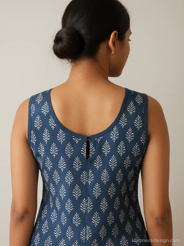 Sleeveless kurti neck design with a deep round back and hook closure in indigo print