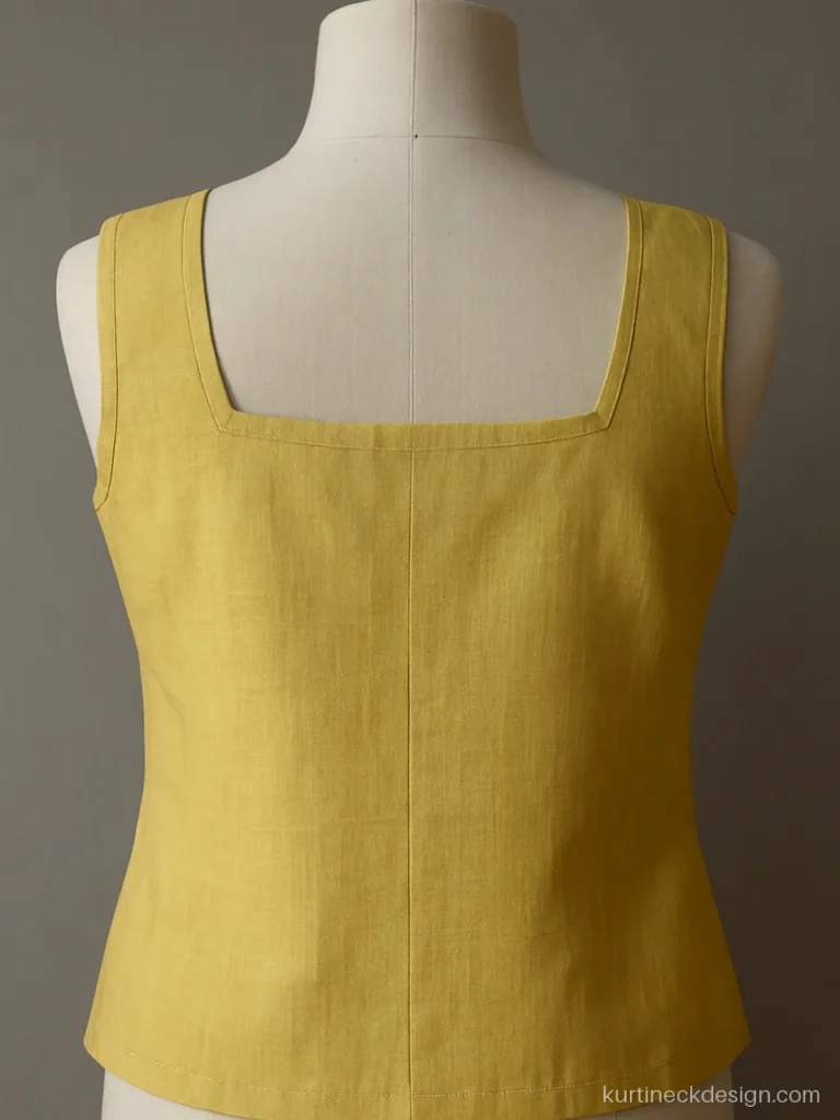 Sleeveless suit neck design with a square back and cut in shoulders in lemon cotton