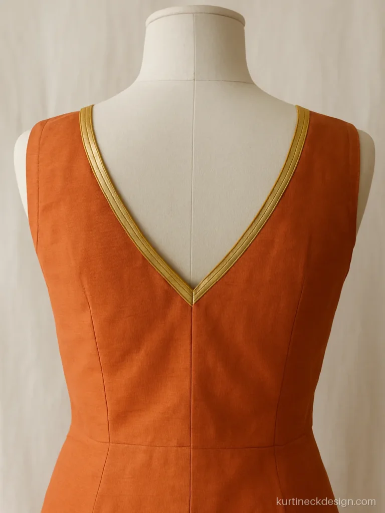 Sleeveless suit back neck design with a V cut and gota patti edging in orange