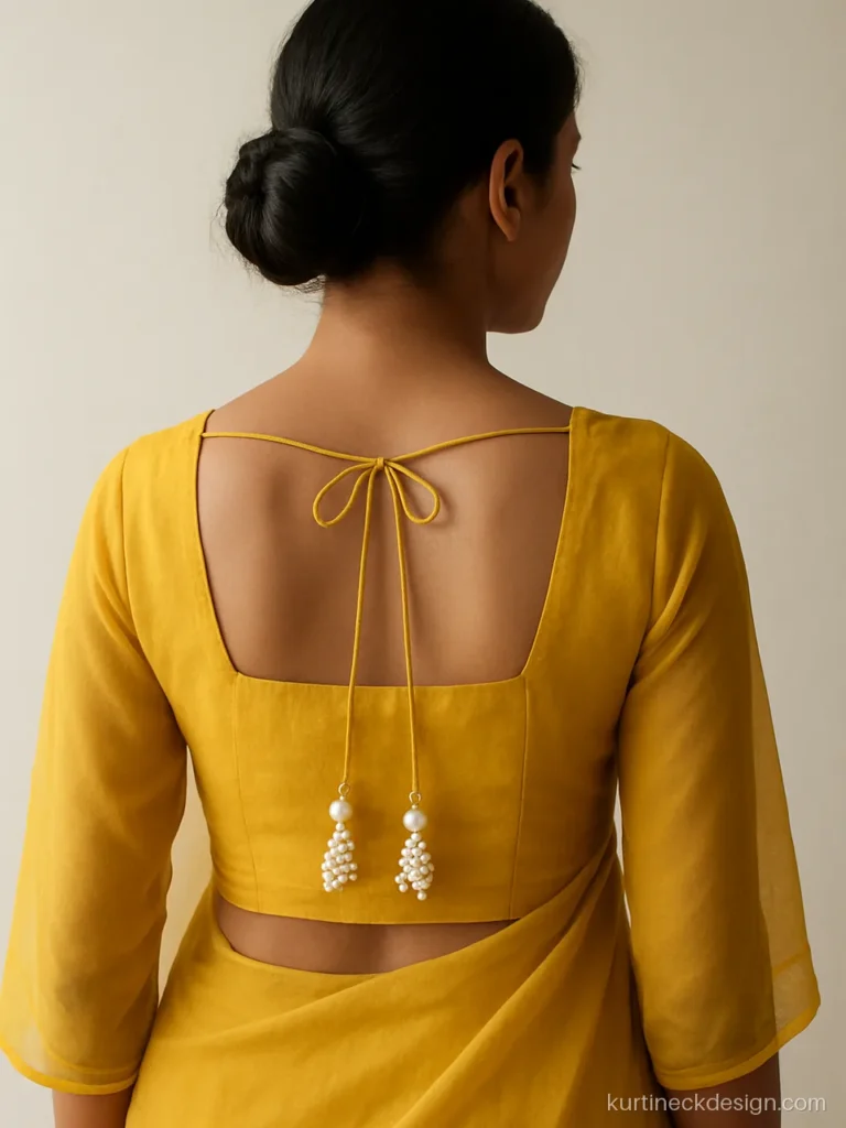 Fancy suit back neck design in yellow with a square cut and pearl latkan dori