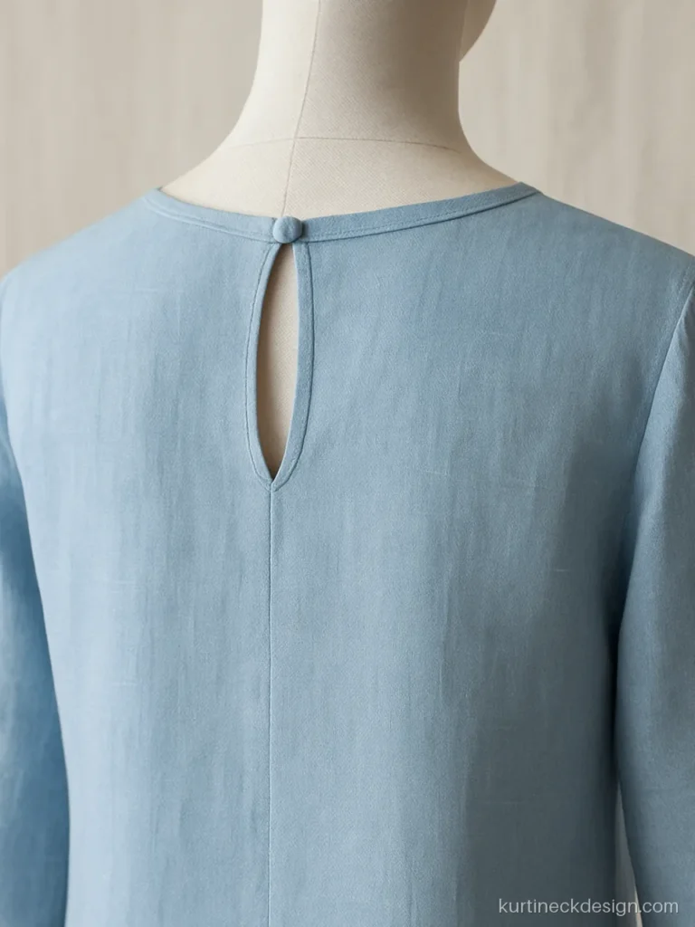 Back suit neck design in powder blue with a teardrop keyhole and one loop button