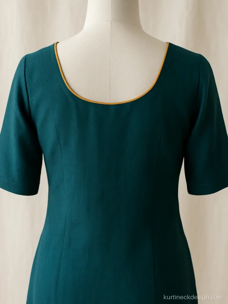 Suit back neck design with a soft U shape and contrast mustard piping on teal rayon