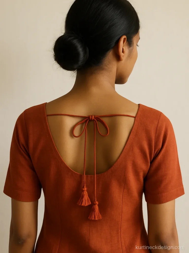 Boat neck kurti back design with deep U back and dori ending in latkans