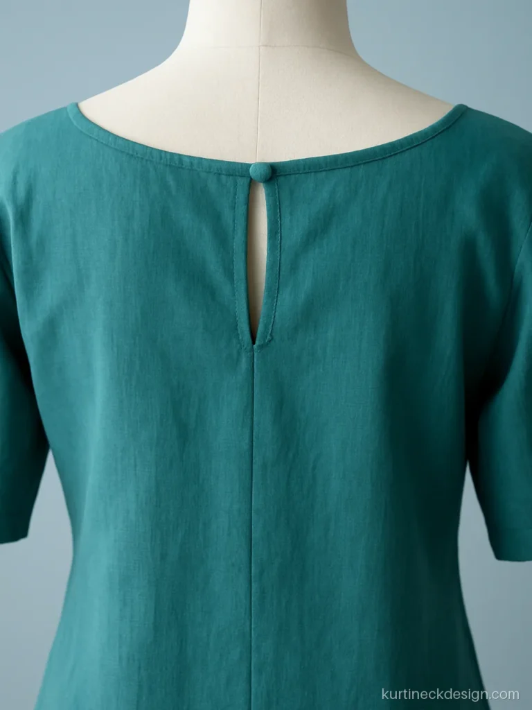 Teal kurti with boat neck and a keyhole back closed by one button