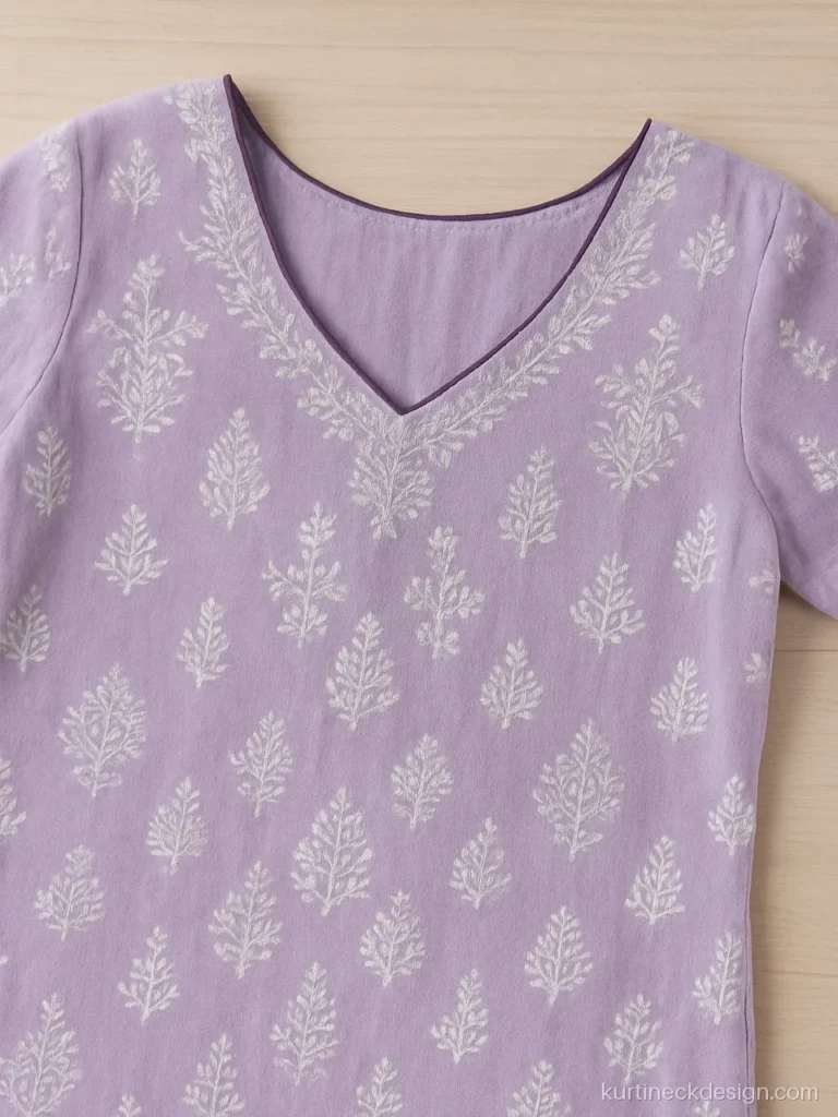 Lavender kurti with boat front and piped V back gala
