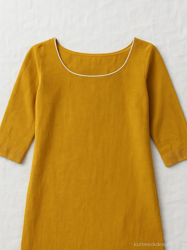 Boat neck cotton kurti neck design in mustard with thin white piping on the edge