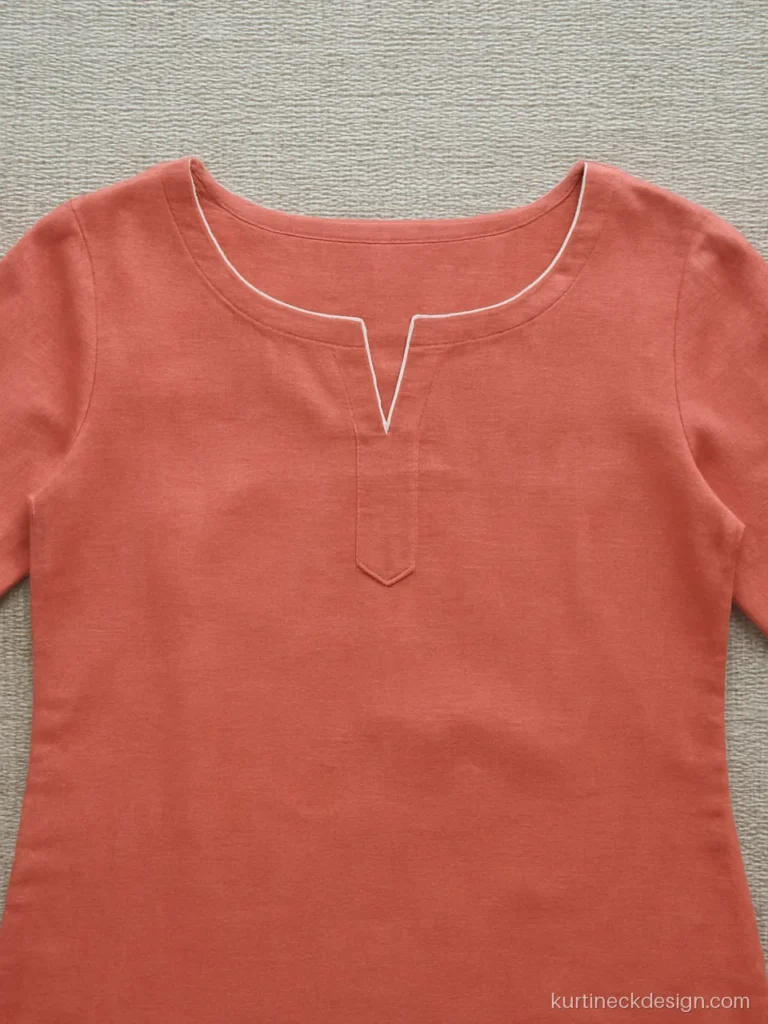Coral cotton kurti with boat neck and a small centre front notch