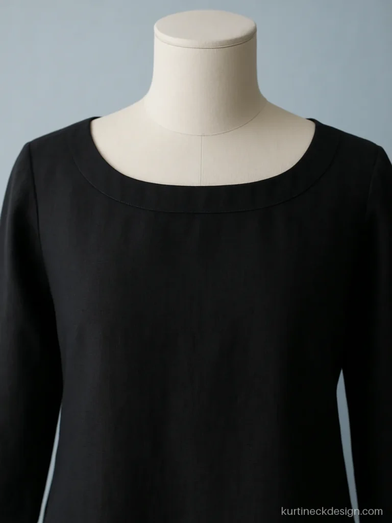 Black linen kurti with wide boat neck finished as a narrow band