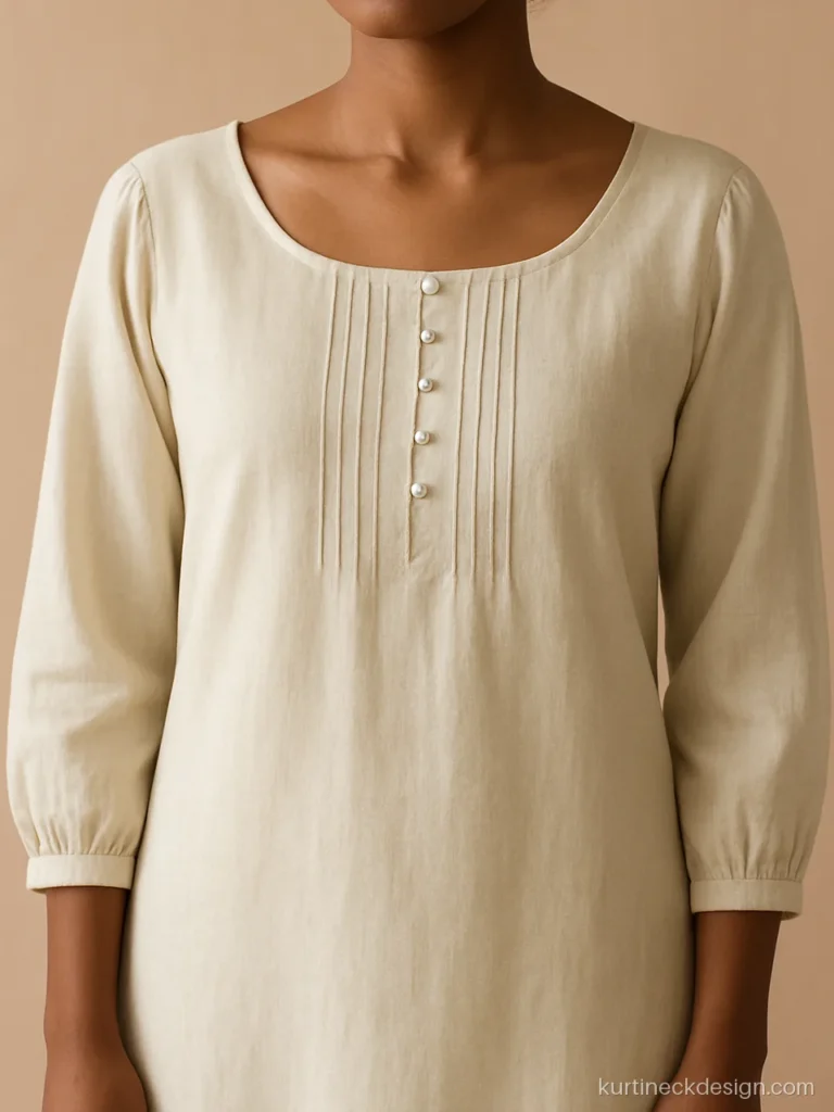Cream kurti with boat neck, pin tucks and tiny pearl buttons