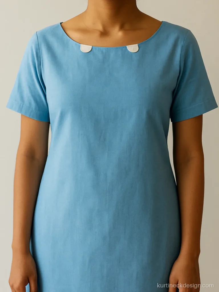 Sky blue kurti with boat neck and two small rounded collar tabs