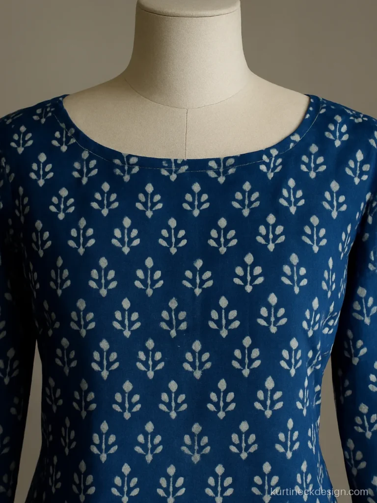 Simple boat neck kurti design in indigo printed cotton with a clean self facing edge