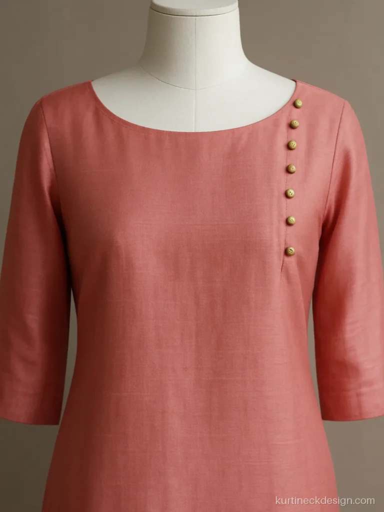 Stylish boat neck kurti design with gold potli buttons along one shoulder