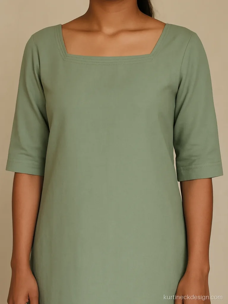 Sage green rayon kurti with a straight boat neck and double row topstitch