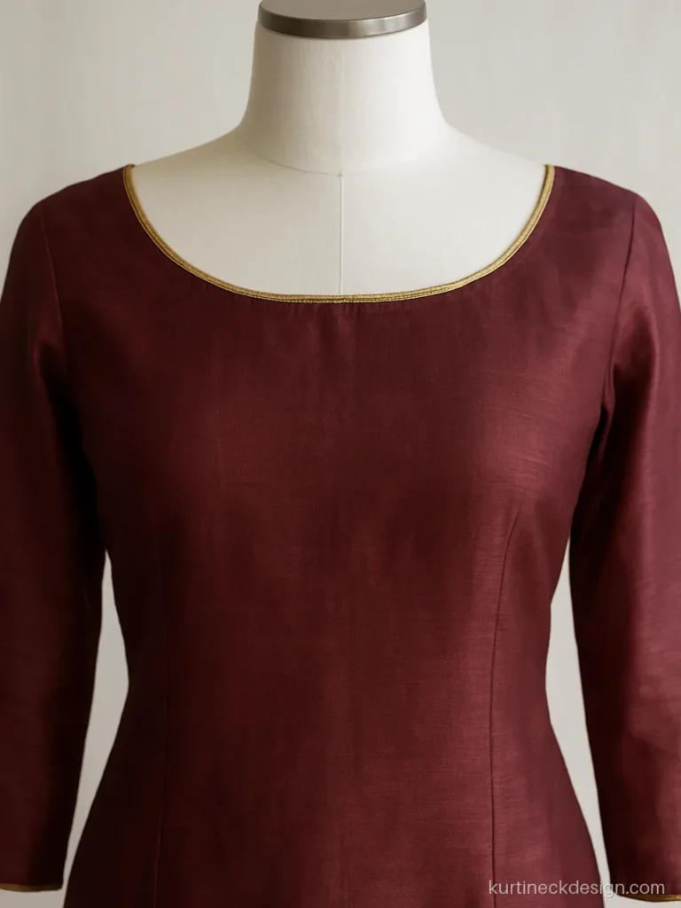 Boat neck suit design in maroon chanderi with a slim gota patti border