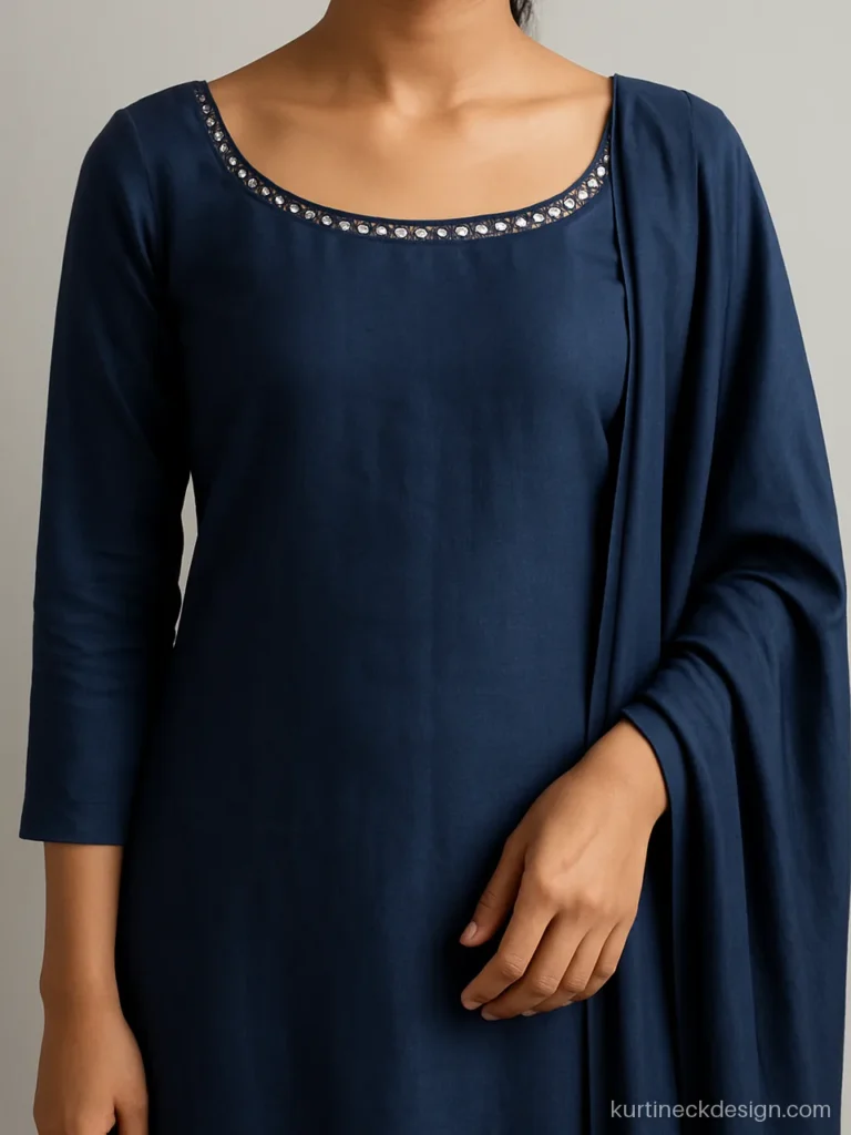 Navy cotton suit with boat neck and small mirror work below the neckline