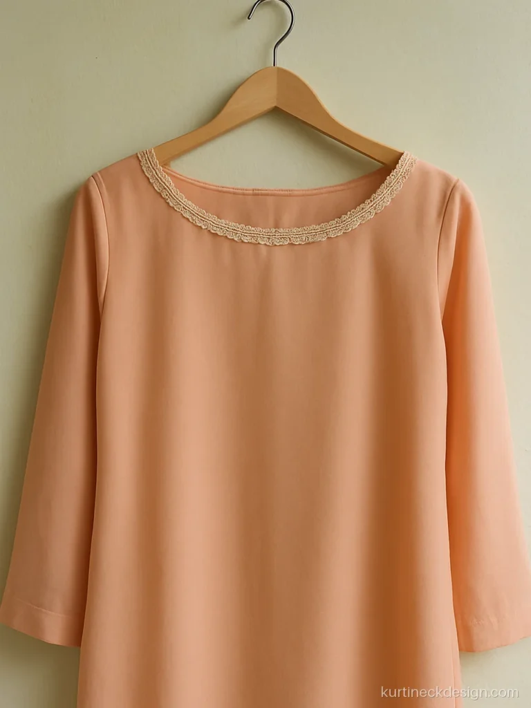 Trendy boat neck suit design in peach georgette with ivory crochet lace