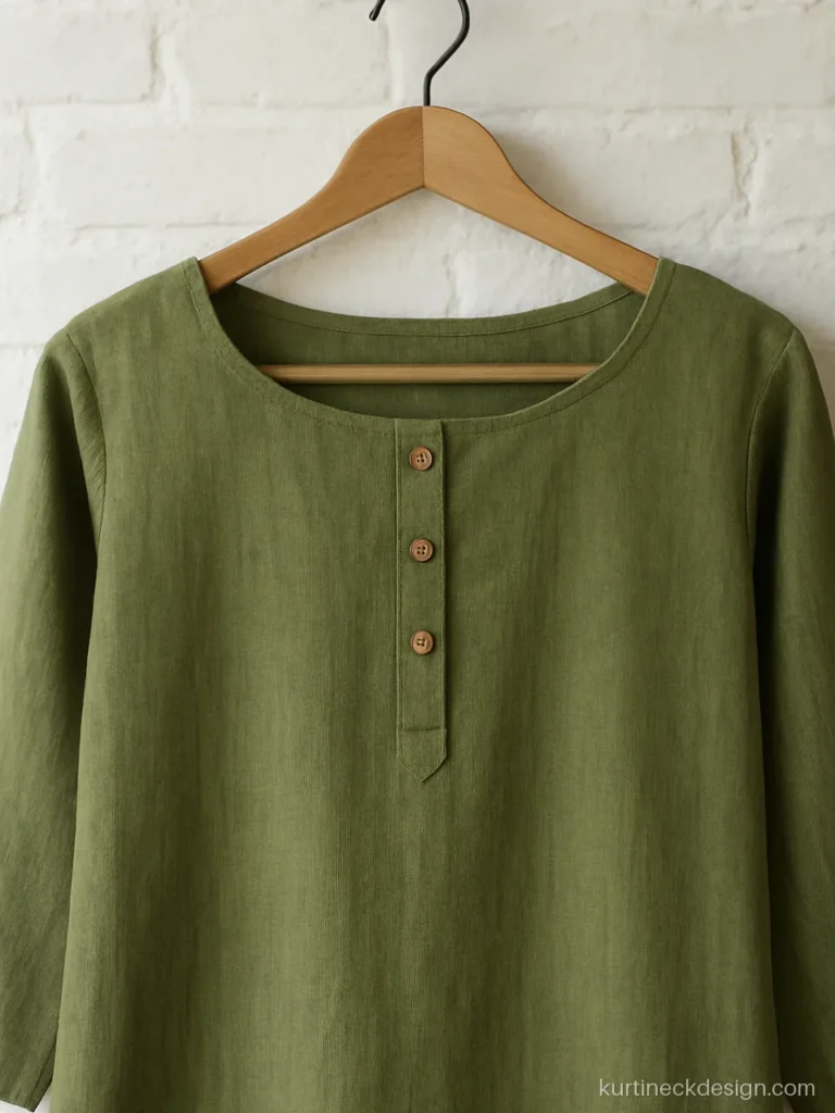 Olive khadi kurti with boat neck and short wooden button placket