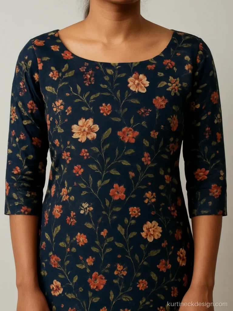 Boat neck chudi design on navy printed rayon with a clean faced edge