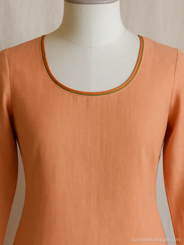Peach churidar neck design with double piping in orange and green