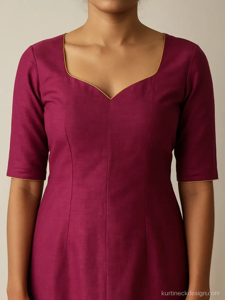 Magenta silk cotton chudithar with sweetheart neck and gold piping