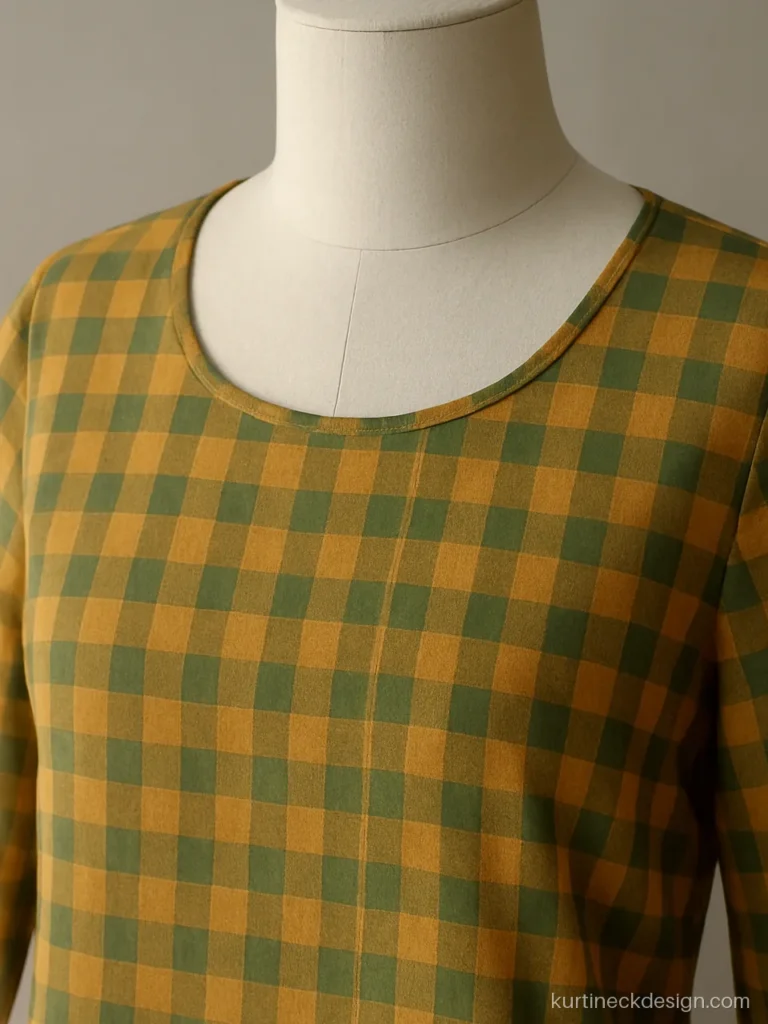 Simple chudi neck design with round neck and piping on Chettinad check cotton