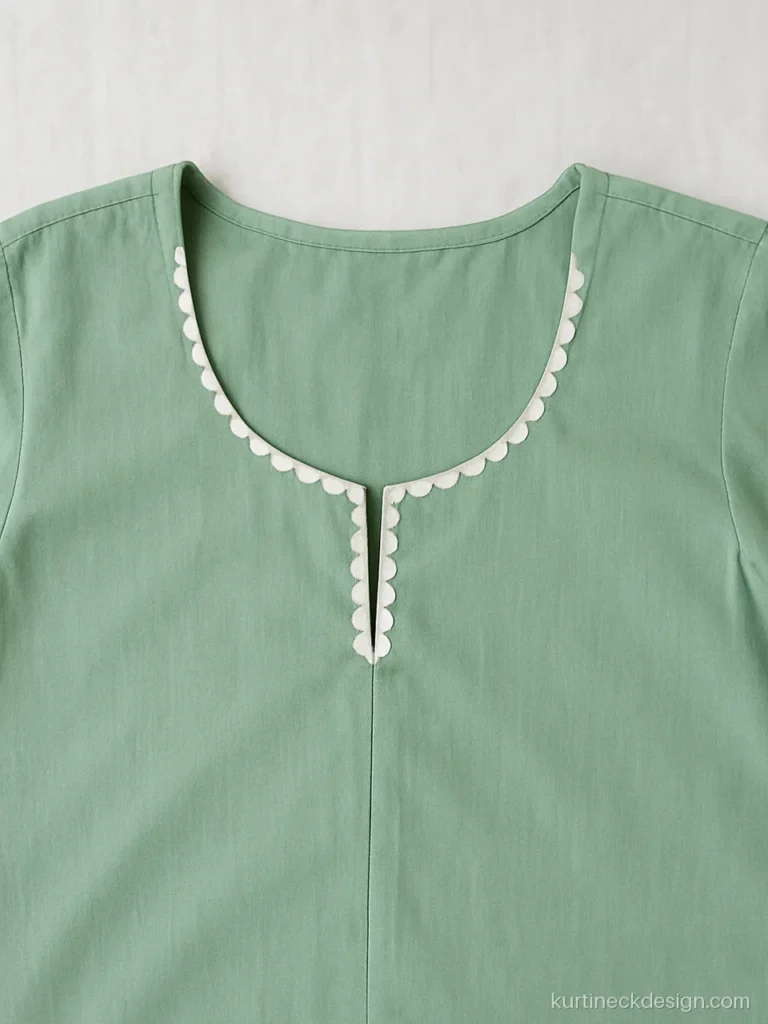 Scallop neck design for churidar in mint cotton with white scallop edging