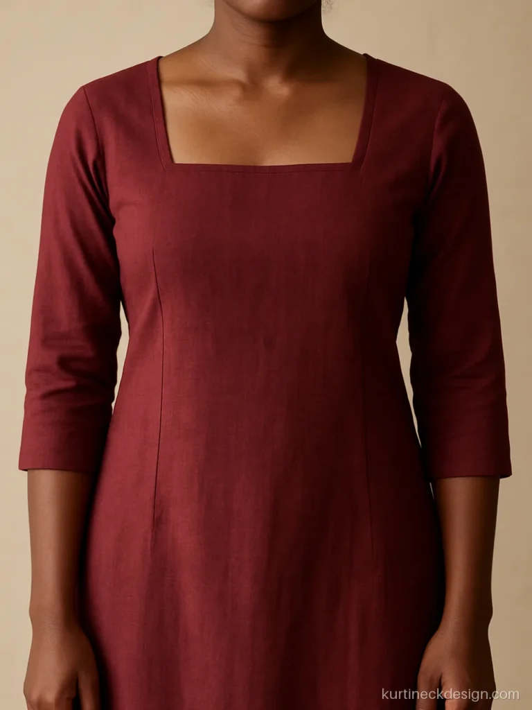 Maroon handloom chudi with a plain square neck and topstitched facing
