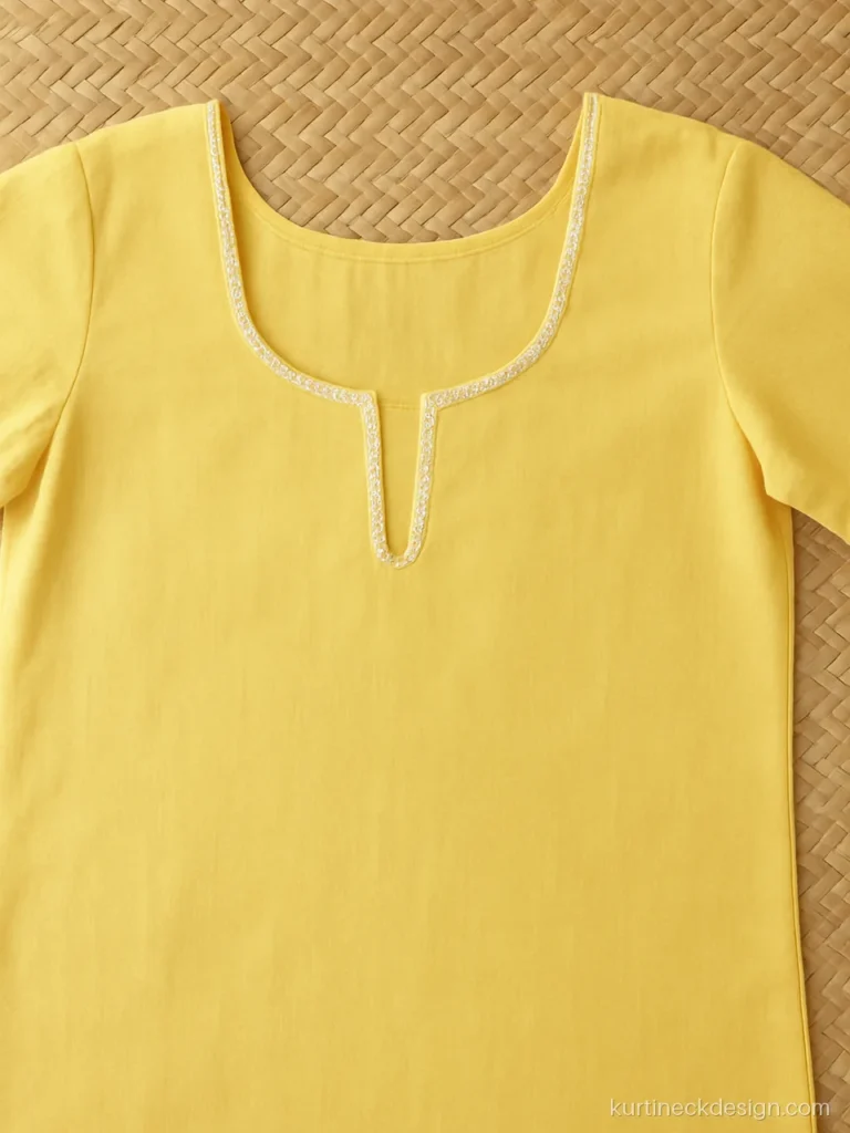 Lemon yellow chudithar top with U neck and narrow cotton lace edge