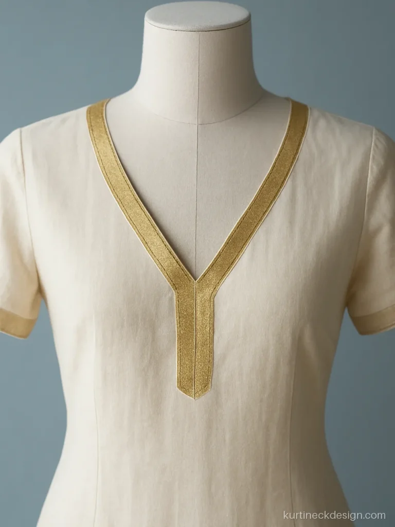V neck chudi design in Kerala kasavu cream cotton with gold zari border