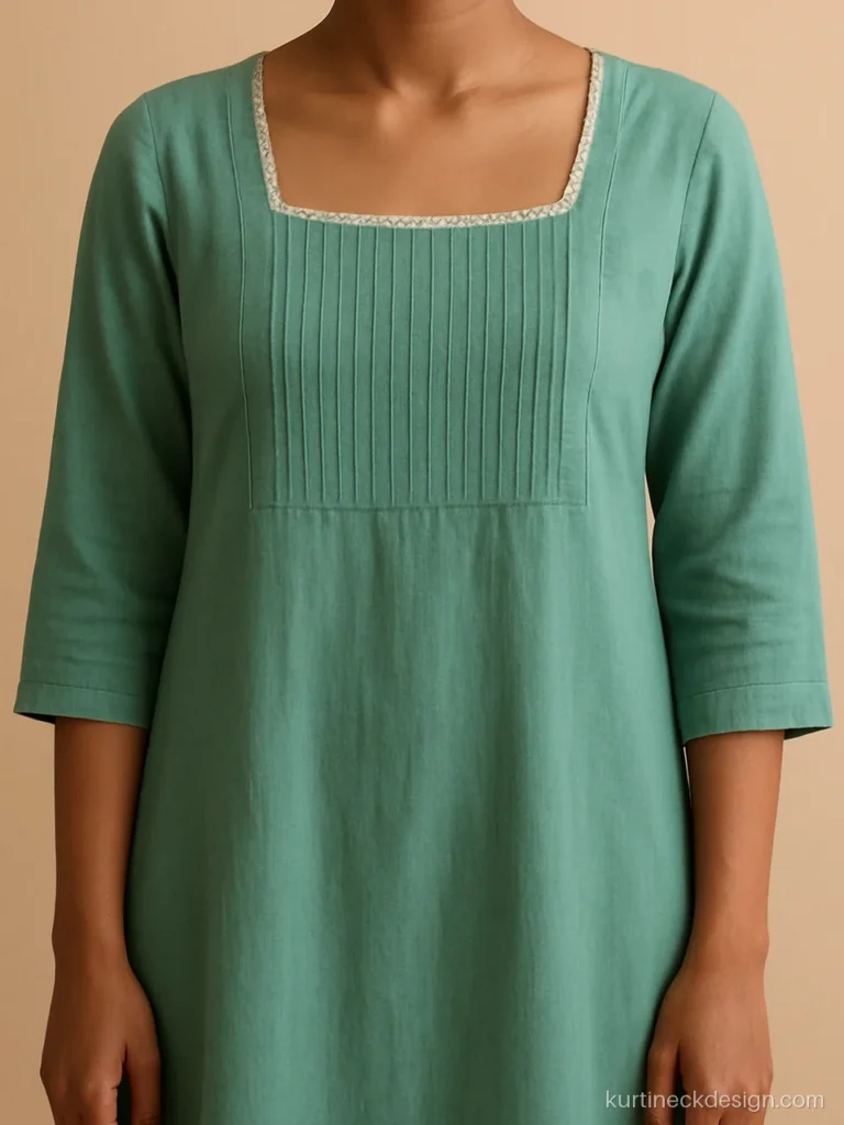 Sea green chudithar with square neck inside a pin tuck yoke