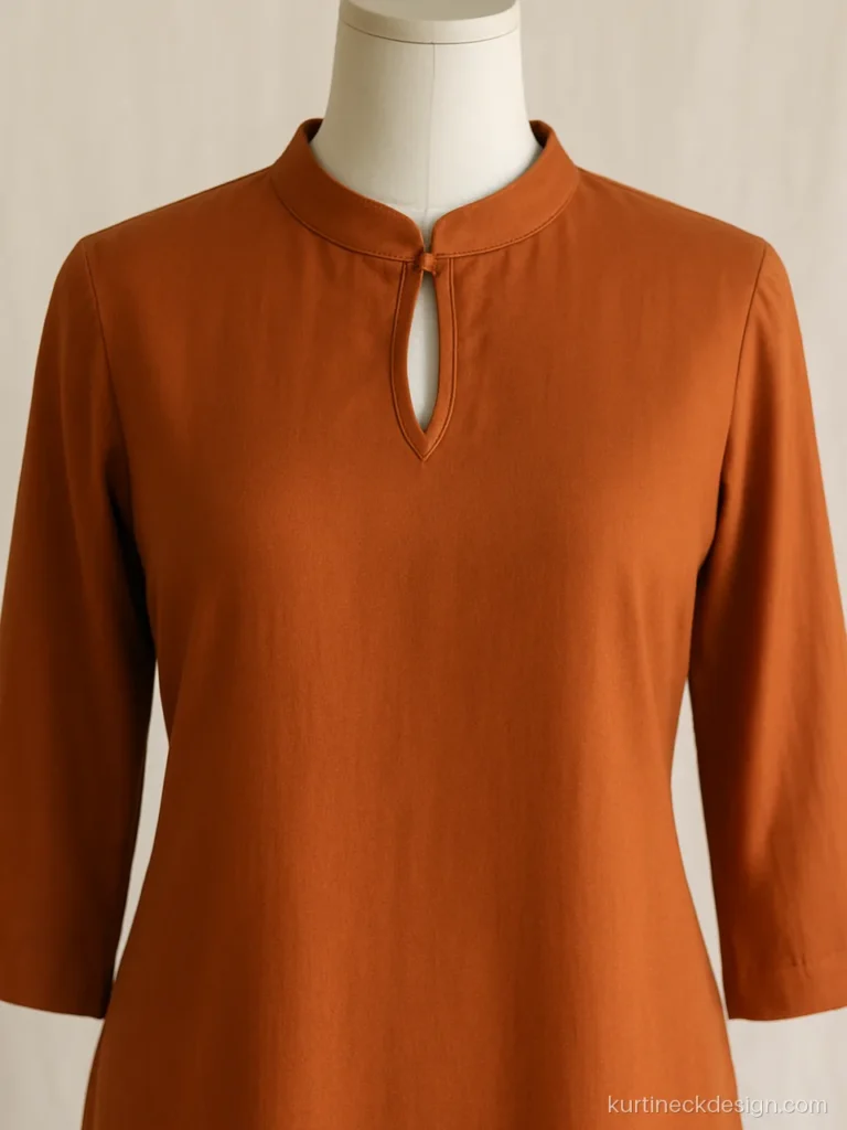 Trendy ban neck design in rust rayon with a small keyhole below the band