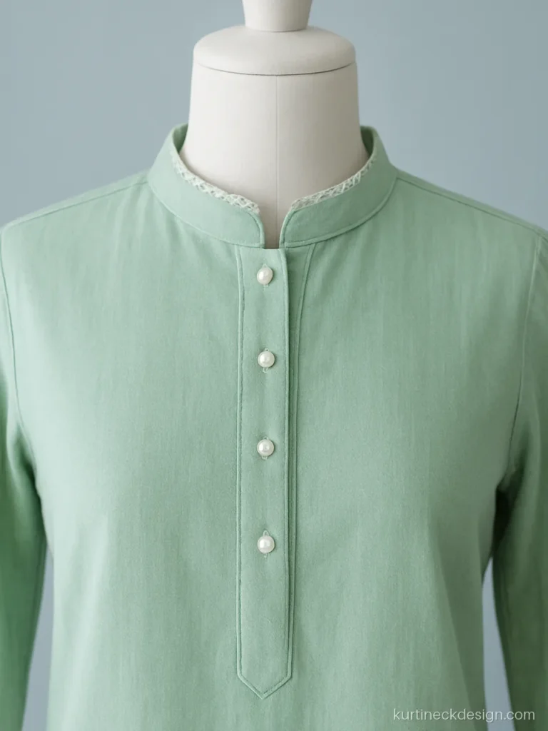 Stylish collar kurti neck design in mint cotton with crochet lace along the band