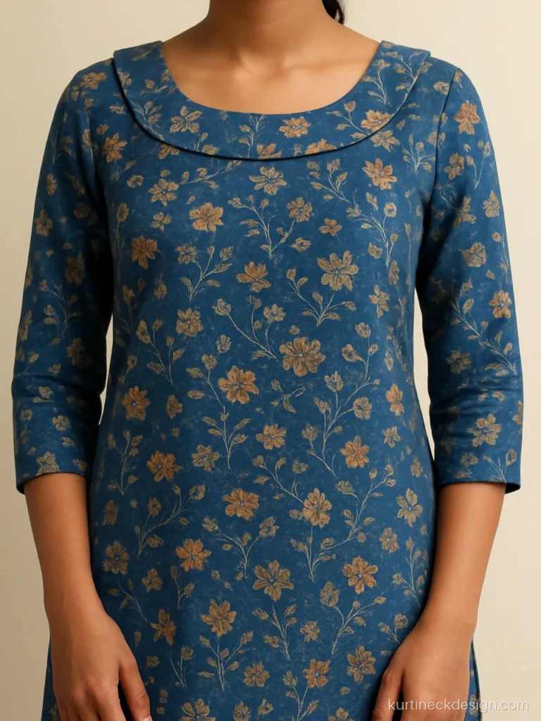 Boat neck stylish collar kurti neck design in blue floral print cotton with a flat collar