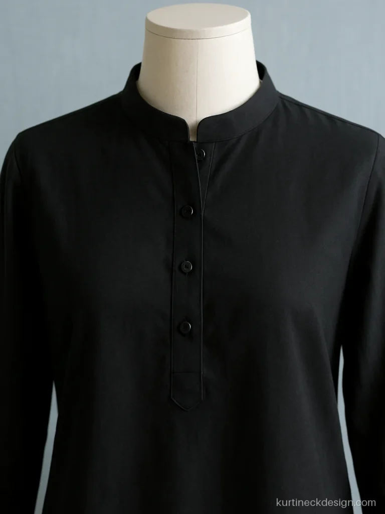 Chinese collar kurti neck design in black cotton with a 4 inch button placket