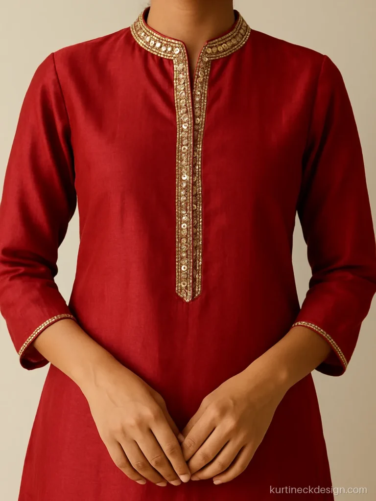 Chinese collar suit neck design in red chanderi with gota and small mirror work