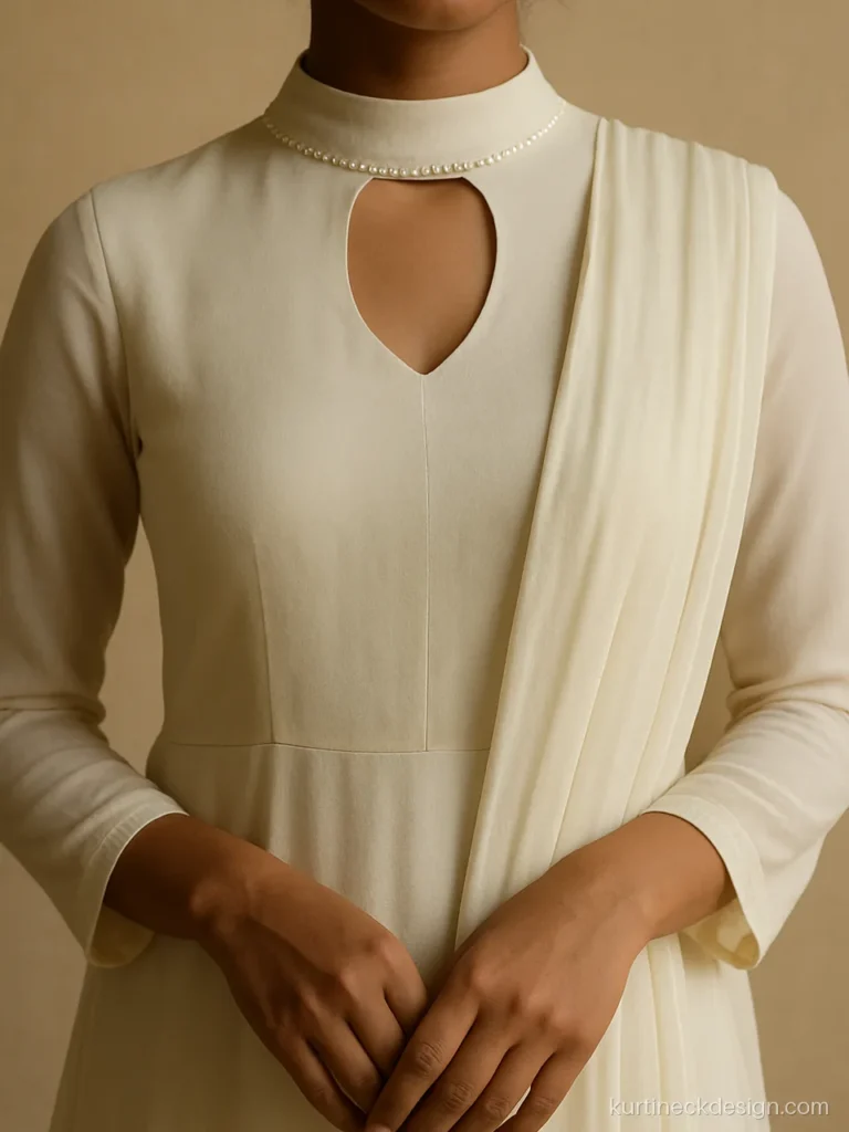 Collar high neck suit design in ivory georgette with a pearl choker band