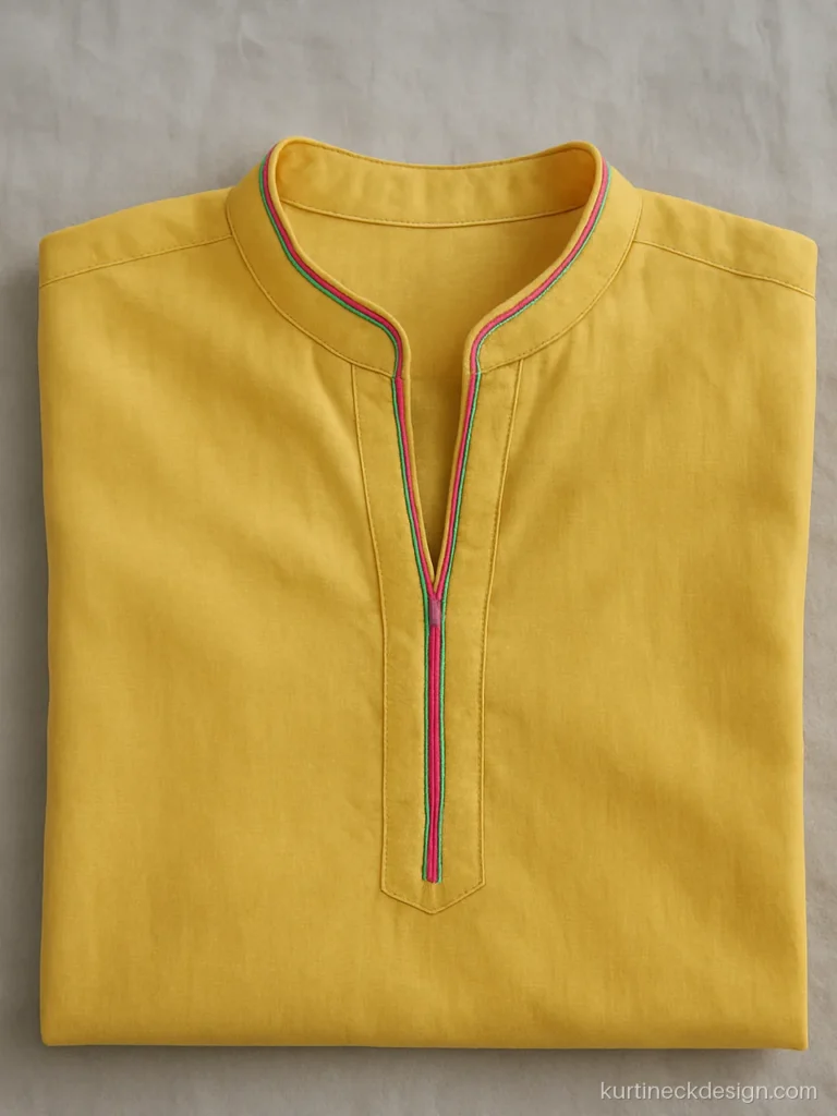 Collar neck design for suit in yellow cotton with double contrast piping on a half collar