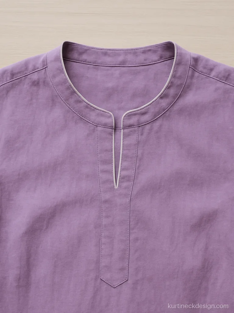 Half collar neck design for suit in lilac with a round front and white piping