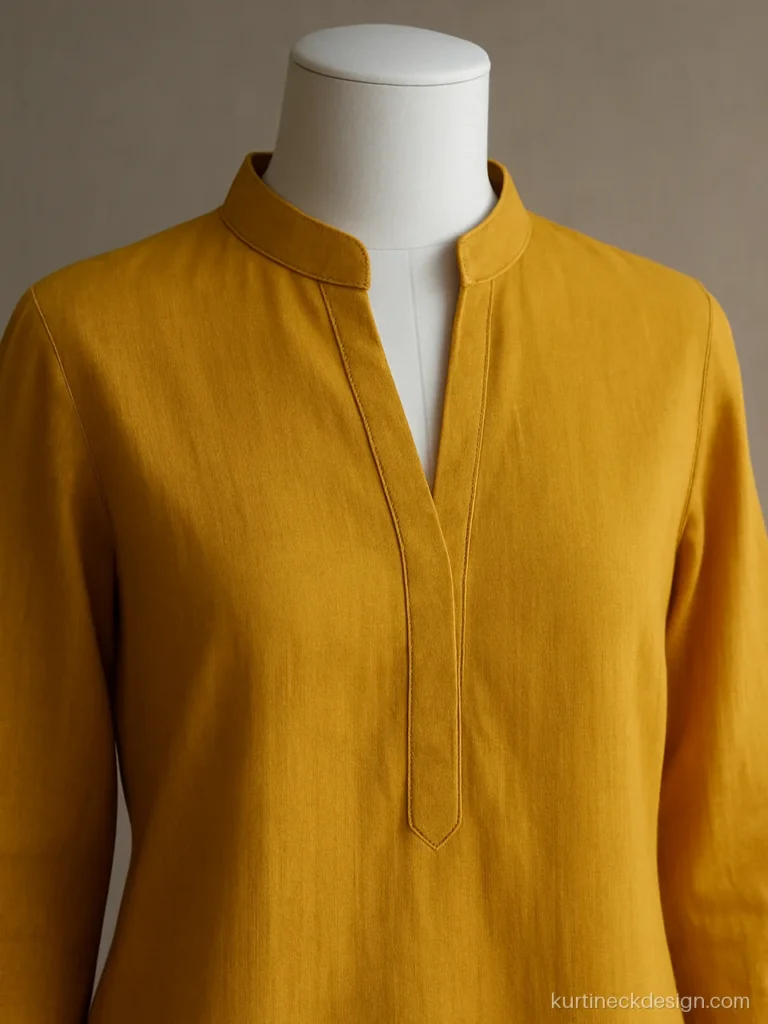 Attractive half collar neck design on a mustard cotton kurti with a short V placket