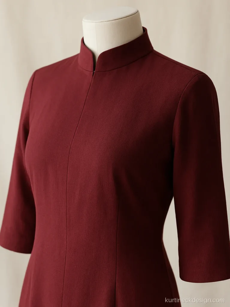 High neck kurti design in maroon crepe with a fitted stand and back zip