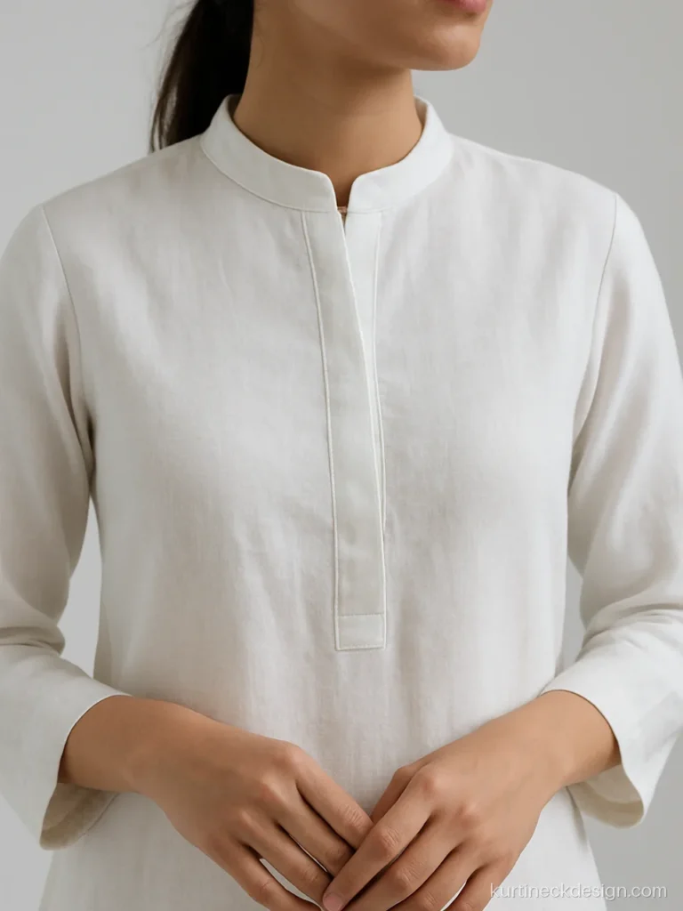 Collar neck design for kurti in white linen with a mandarin band and hidden placket